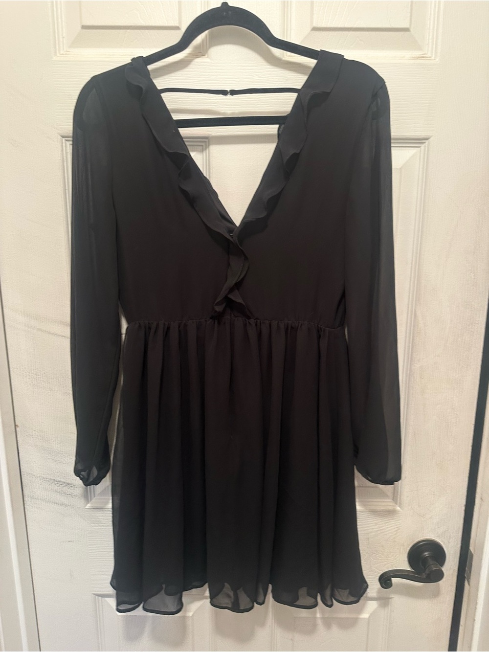 Express Black Ruffle V-Neck Long Sleeve Sheer Mini Dress Y2K - Picture 3 of 5